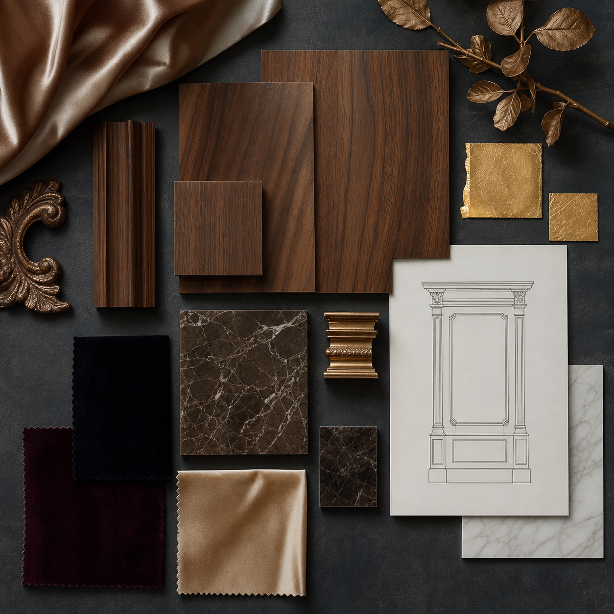 Moodboard haute décor: campioni di legno, foglia d'oro, tessuti e marmi